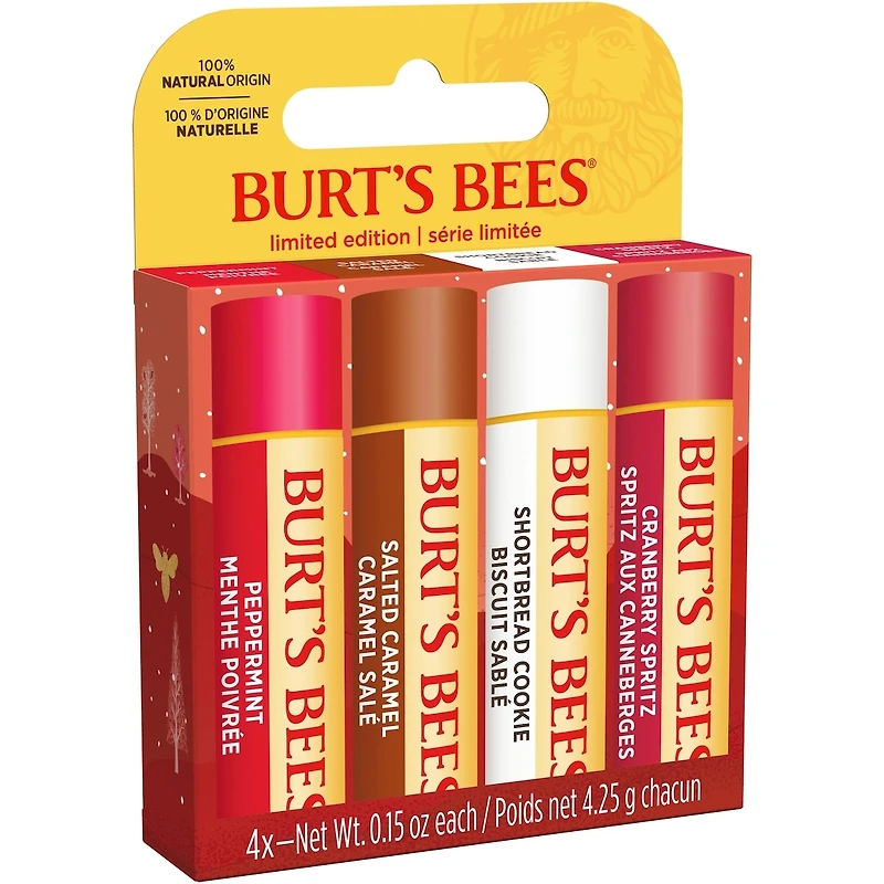 Burt’s Bees® Festive Fix Holiday Gift Set, 100% Natural Origin Moisturizing Lip Balm, Shortbread Cookie, Cranberry Spritz, Salted Caramel and Peppermint, 4 Tubes