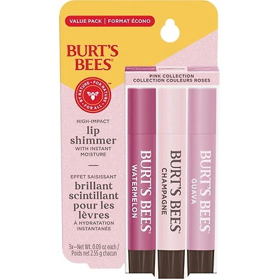 Brillant scintillant pour les lèvres de Burt’s Bees, formule teintée d’origine naturelle à 100 % | Obtenez des lèvres douces et hydratées | Emballage trio − Collection couleurs roses: Champagne, Watermelon et Guava