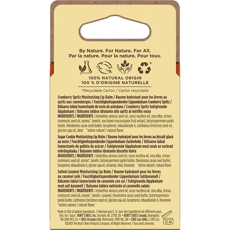 Burt's Bees 100% Natural Origin Moisturizing Lip Balm for Dry Chapped Lips, Get Soft and Hydrated Lips - Pack of 3 - (Cozy Season) Sugar Cookie, Cranberry Spritz, Salted Caramel