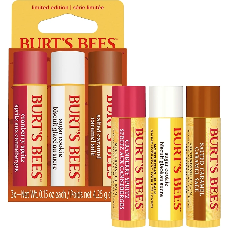 Burt's Bees 100% Natural Origin Moisturizing Lip Balm for Dry Chapped Lips, Get Soft and Hydrated Lips - Pack of 3 - (Cozy Season) Sugar Cookie, Cranberry Spritz, Salted Caramel