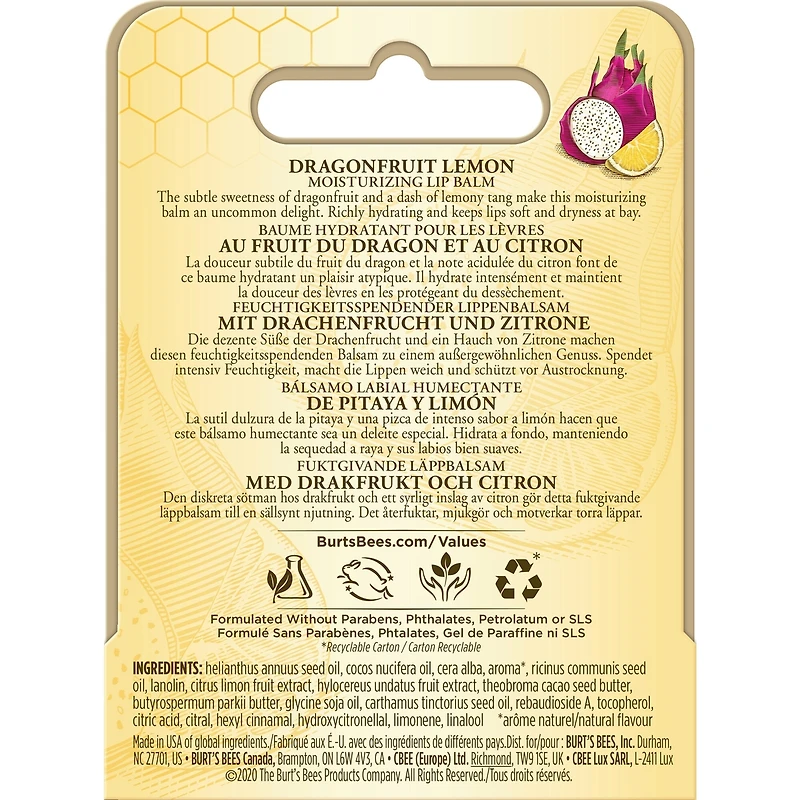 100% Natural Origin Moisturizing Lip Balm, Dragonfruit Lemon, Beeswax & Fruit Extracts