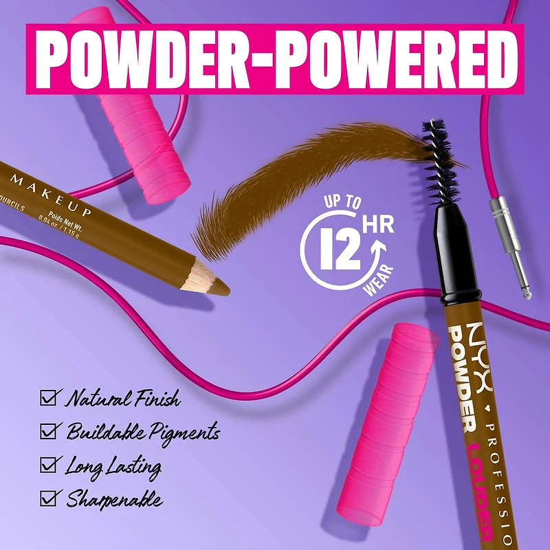 Powder Louder, Brow Pencil, 12HR Wear, Buildable Thickening Micro-Fibers, Soft Matte Pigments, Natural Look, Vegan Formula