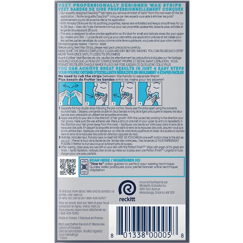 Bandes de cire Veet® ProfessionalMC pour le visage, peaux sensibles, avec huile d’amande