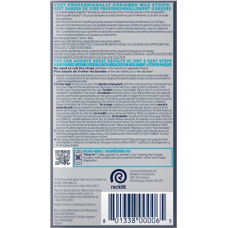 Bandes de cire Veet® ProfessionalMC Visage, ligne du bikini et aisselles, peaux sensibles, avec huile d’amande