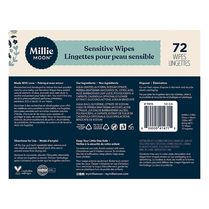 Millie Moon Senstitive Wipes, 72 Count