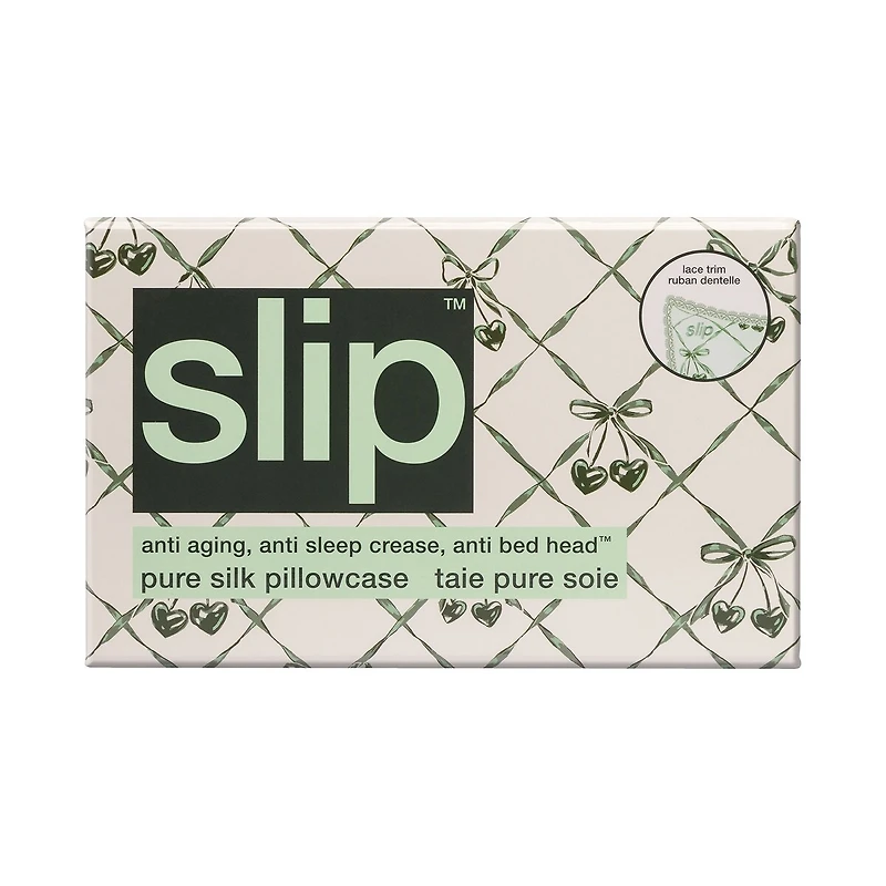 slip pure silk queen pillowcase with lace trim - wintergreen