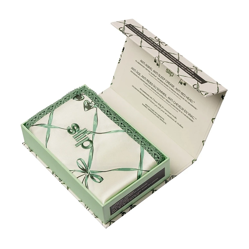 slip pure silk queen pillowcase with lace trim - wintergreen