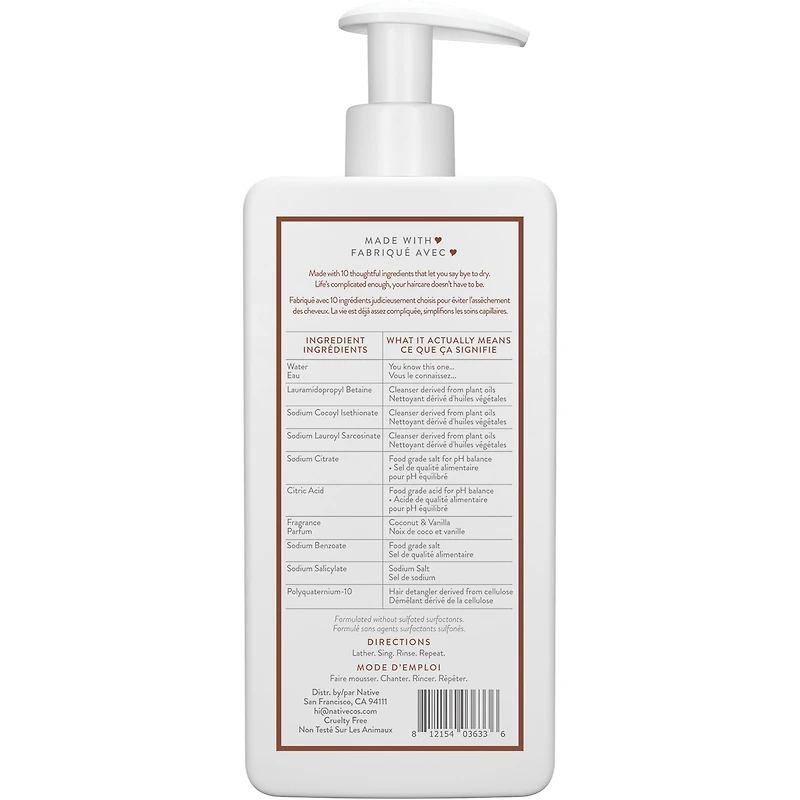 Shampooing hydratant Native Noix de coco et vanille