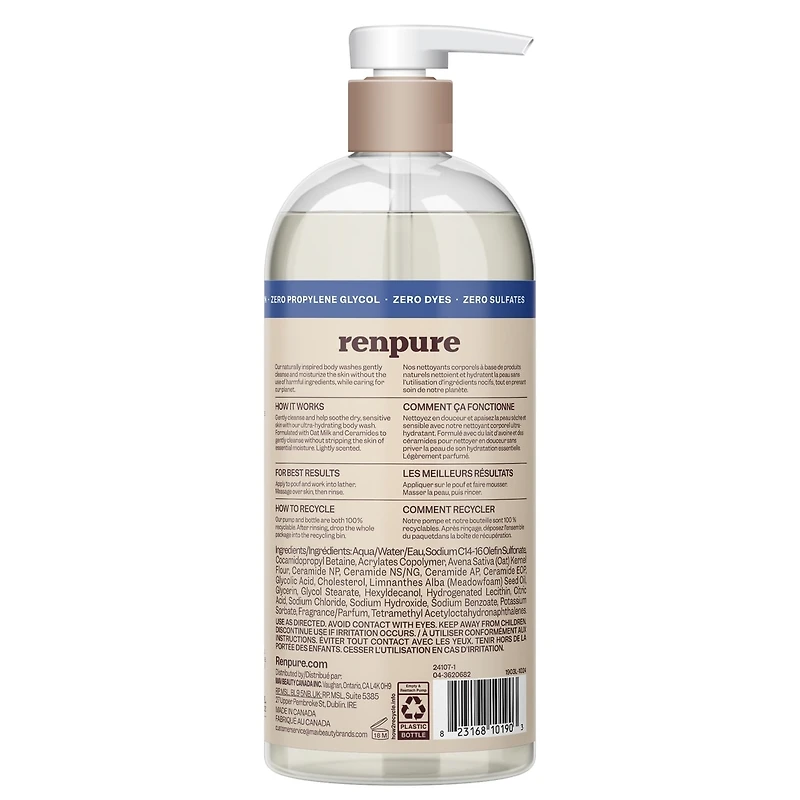 Renpure Oat Milk & Ceramides Body Wash - For Gentle Cleansing & Hydration - For Sensitive Skin - Oat Milk & Ceramides - 24 Fl Oz