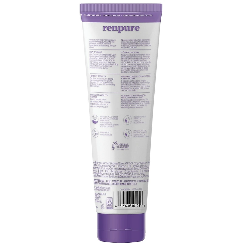 Huile de ricin Renpure & Moringa Curl Defining Gel, à base de plantes - Curl Defining Gel - Defrizzes & Smoothes pour boucles définies - Pour les cheveux bouclés - 8 Fl Oz