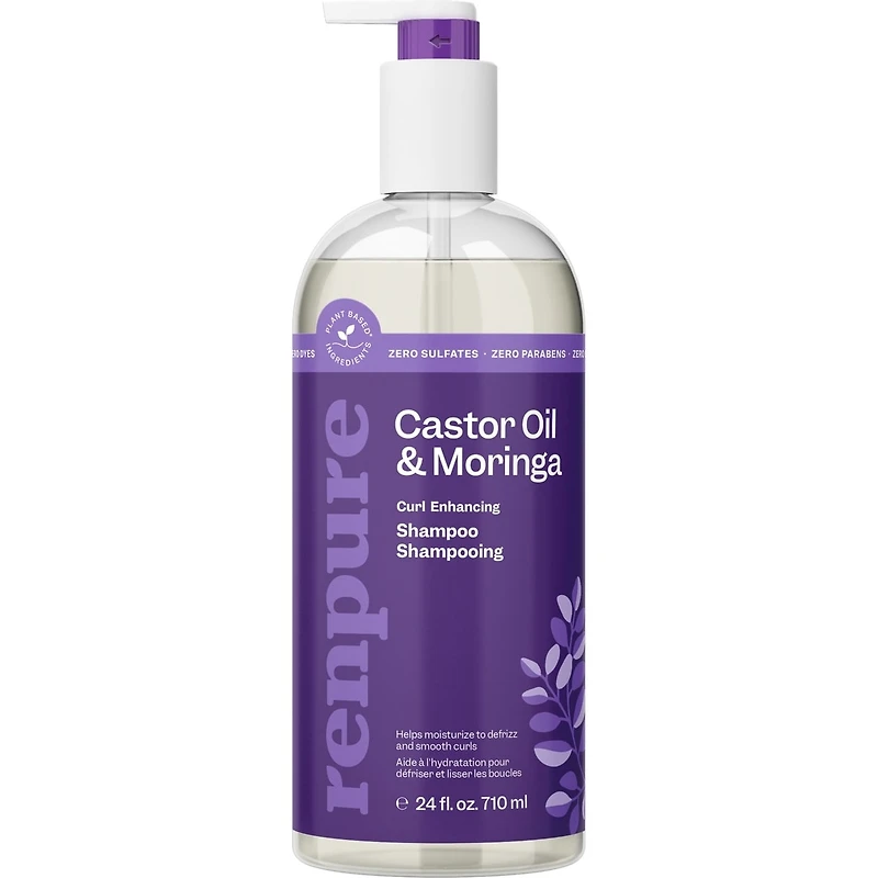 Renpure Huile de ricin & Moringa Shampooing, à base de plantes - Curl Enhancing - Pour hydraté, Boucles lisses - Pour les cheveux bouclés - 24 Fl Oz