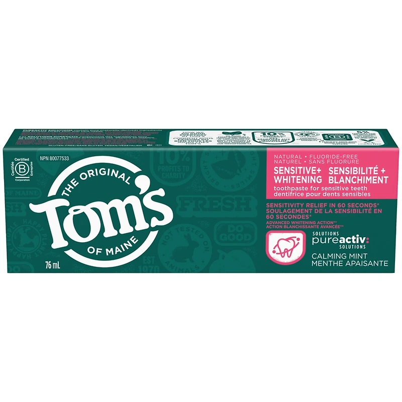 Tom’s of Maine PureActiv Sensibilité + Blanchiment, Menthe Apaisante Sans Fluorure