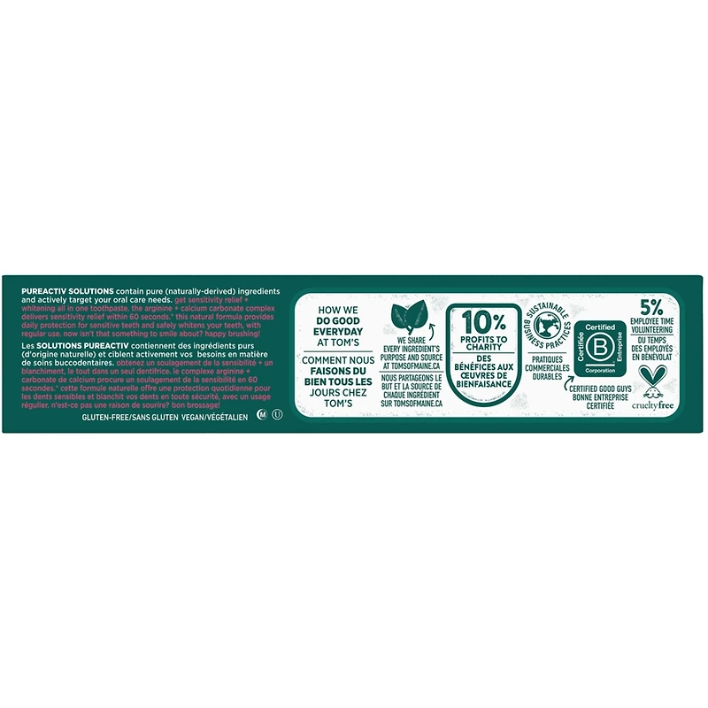 Tom’s of Maine PureActiv Sensibilité + Blanchiment, Menthe Apaisante Sans Fluorure