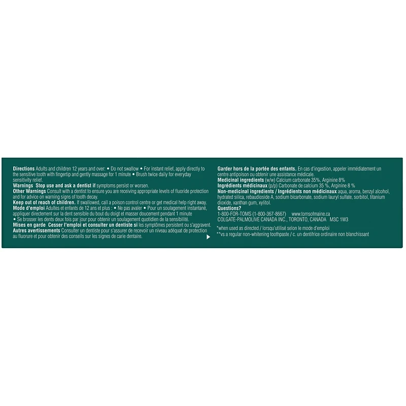 Tom’s of Maine PureActiv Sensibilité + Blanchiment, Menthe Apaisante Sans Fluorure