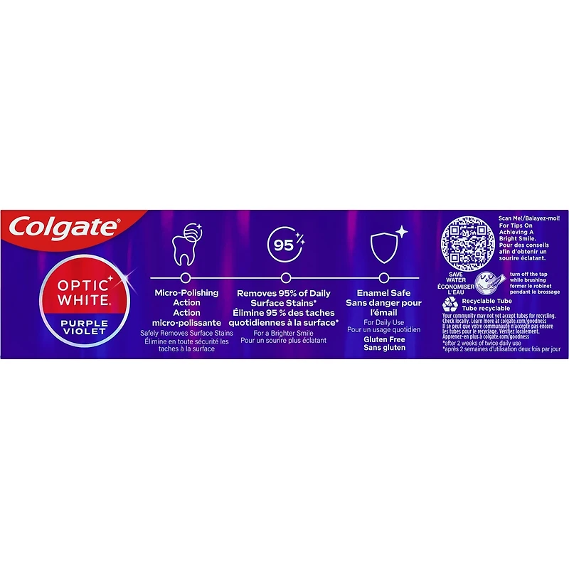 Dentifrice Colgate Optic White Violet pour le blanchiment des dents, pâte à la menthe, 90 mL