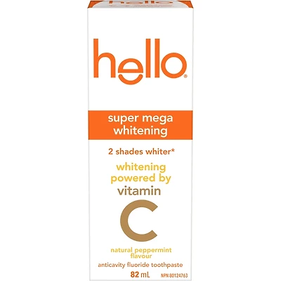 Hello Super Mega Whitening Toothpaste with Fluoride, Natural Peppermint Flavour, 82 mL Tube