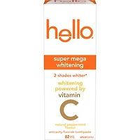 Hello Super Mega Dentifrice Blanchissant Avec Fluorure, Dentifrice Blanchissant Avec Vitamine C, Aide À Blanchir les Dents Jusqu'à 2 Tons, Saveur Naturelle de Menthe Poivrée, Tube de 82mL