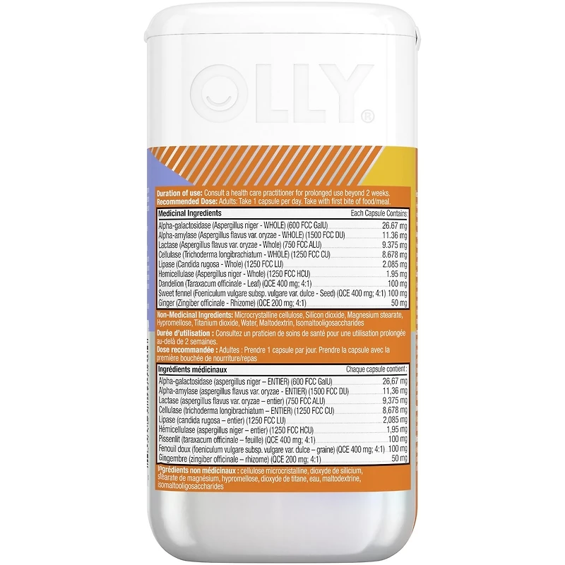 Suppléments en Capsules réduit le ballonnement pour la santé intestinale OLLY  Combattre le Ballonnement avec enzymes digestives, pissenlit, gingembre et fenouil 25 capsules