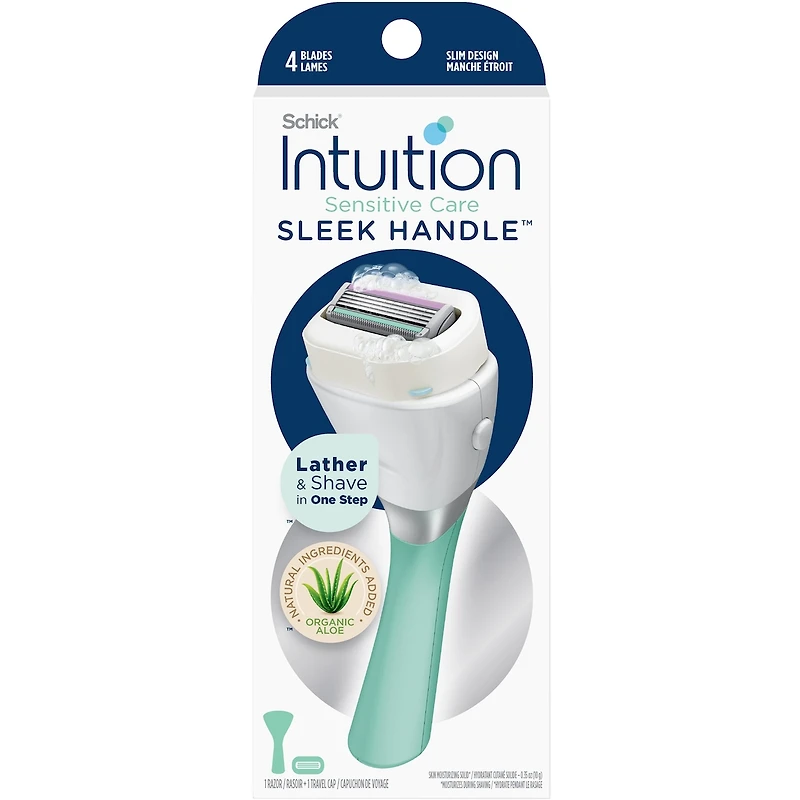 Rasoir Sleek Handle pour peau sensible avec manche étroit et 1 cartouche de lames de marque Schick Intuition