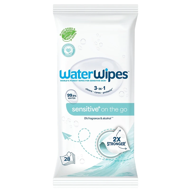 Sensitive+ On The Go Wipes, 3-en-1 nettoie, soigne, protège, 99,9 % d'eau, lingettes humides non parfumées, 28 unités (1 paquet)