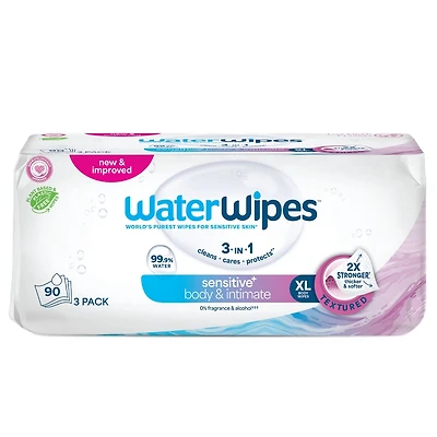Sensitive+ Body & Intimate Wipes, 3-en-1 nettoie, soigne, protège, 99,9 % d'eau, lingettes humides non parfumées, Adult Care, 90 lingettes (3 paquets)
