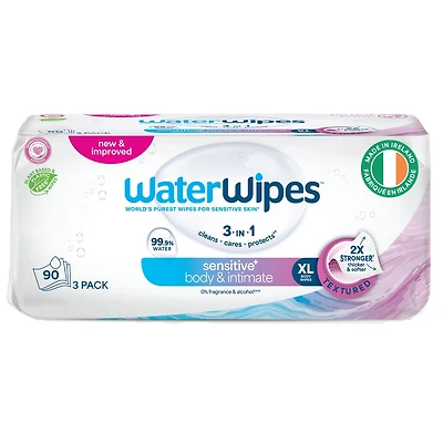 Sensitive+ Body & Intimate Wipes, 3-In-1 Cleans, Cares, Protects, 99.9% Water, Unscented & Hypoallergenic Hygiene Wet Wipes, 90 Count (3 Packs)