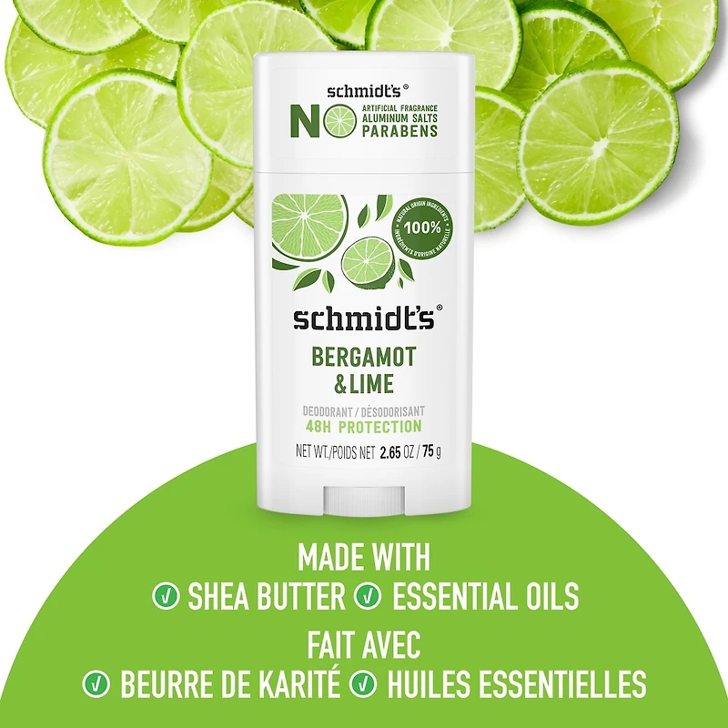 Schmidt's  Natural Origin Deodorant 48 Hour Protection Bergamot & Lime Deodorant for Men and Women 75 g