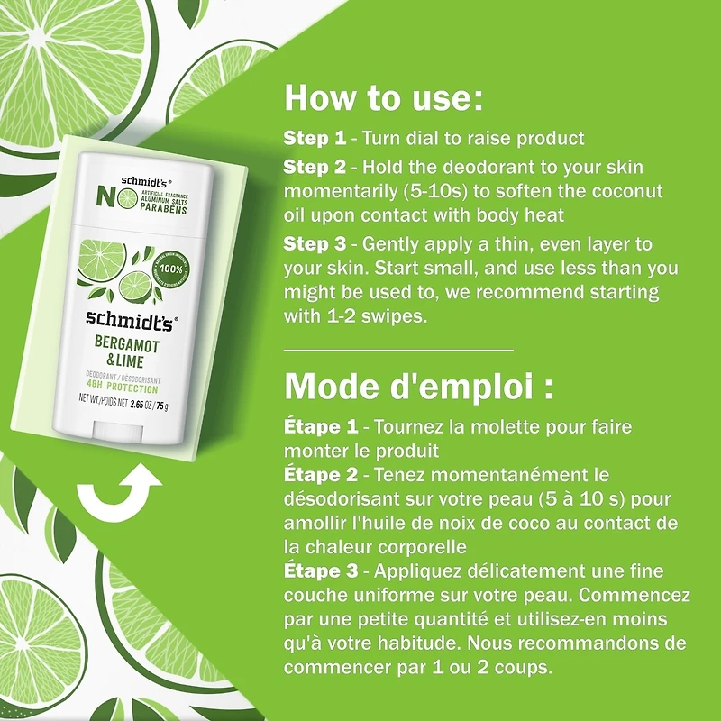 Schmidt's  Natural Origin Deodorant 48 Hour Protection Bergamot & Lime Deodorant for Men and Women 75 g