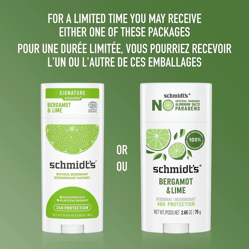 Schmidt's  Natural Origin Deodorant 48 Hour Protection Bergamot & Lime Deodorant for Men and Women 75 g