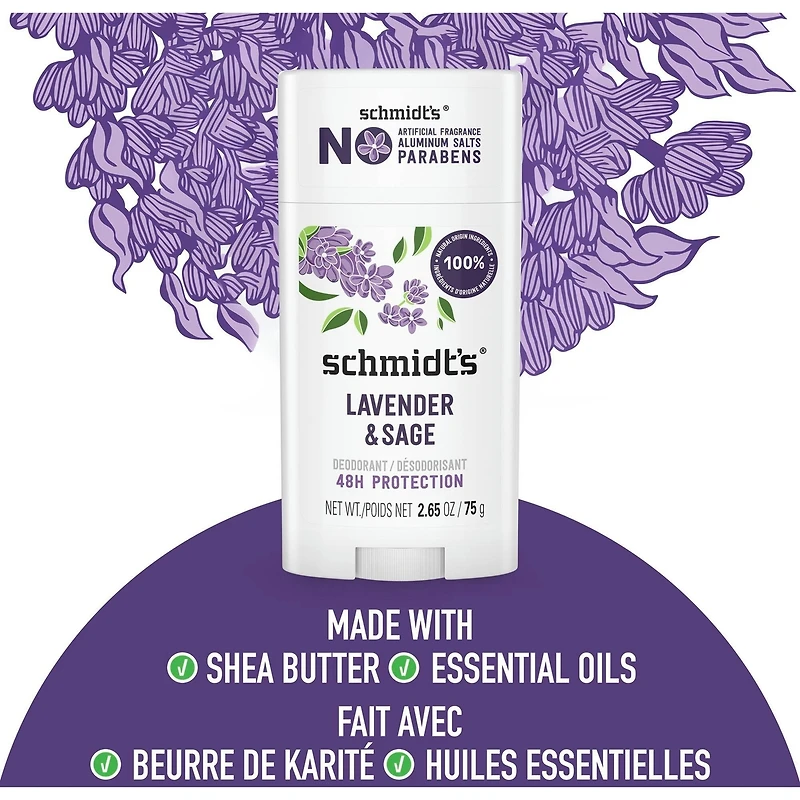 Schmidt's  Natural Origin Deodorant 48 Hour Protection Lavender & Sage Deodorant for Men and Women 75 g