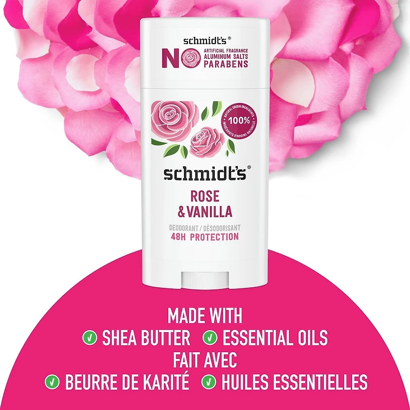 Schmidt's  Natural Origin Deodorant 48 Hour Protection Rose & Vanilla Deodorant for Men and Women 75 g