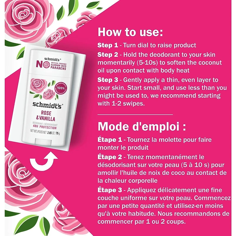 Schmidt's  Natural Origin Deodorant 48 Hour Protection Rose & Vanilla Deodorant for Men and Women 75 g