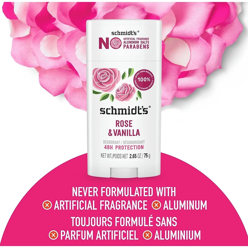 Schmidt's  Natural Origin Deodorant 48 Hour Protection Rose & Vanilla Deodorant for Men and Women 75 g