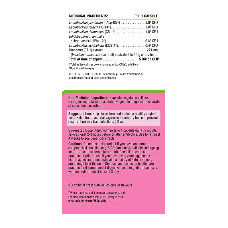 Smart Solutions Probiotique pour santé vaginale avec canneberge, 30 capsules