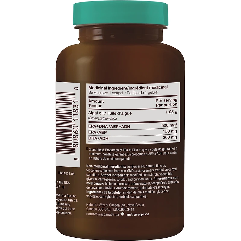 Oméga-3 NutraVege, À base de plante, Gélules liquides, Menthe fraîche, 30 gélules