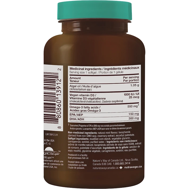 Oméga-3 NutraVege+D, Gélules végétales à base de plante, Menthe fraîche / 30 gélules