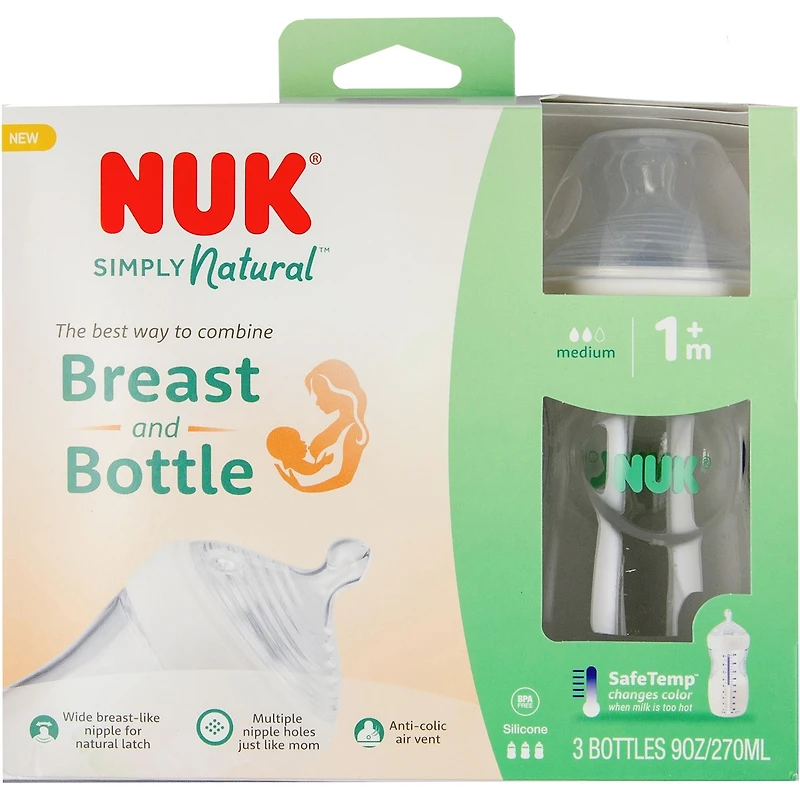 NUK Simply Natural Bottle with SafeTemp, 9 oz (270 mL), White, 3 Pack