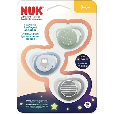 NUK Orthodontic Pacifier, 0-6 months, Blue Owl, 3 Pack