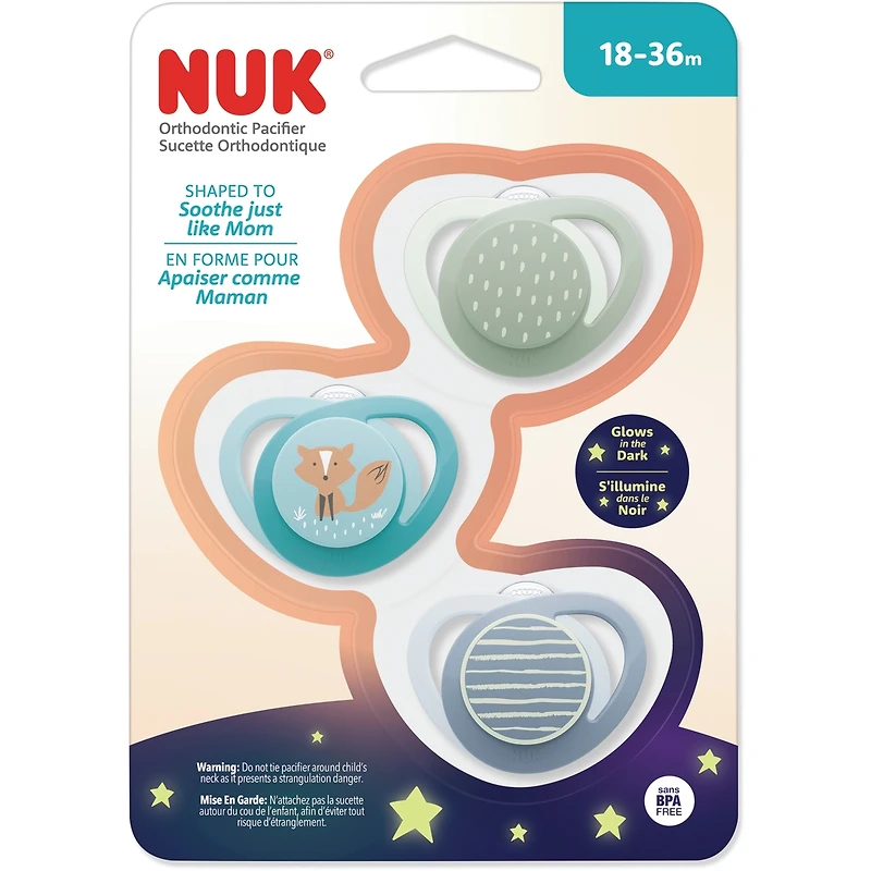 Sucette orthodontique NUK, 18 à 36 mois, renard bleu sarcelle, 3 pièces