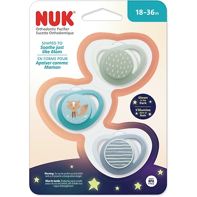NUK Orthodontic Pacifier, 18-36 months, Teal Fox, 3 Pack