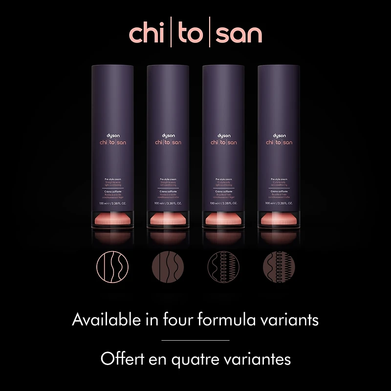 Crème de précoiffage Dyson Chitosan pour revitalisation légère des cheveux droits à ondulés (100ml
