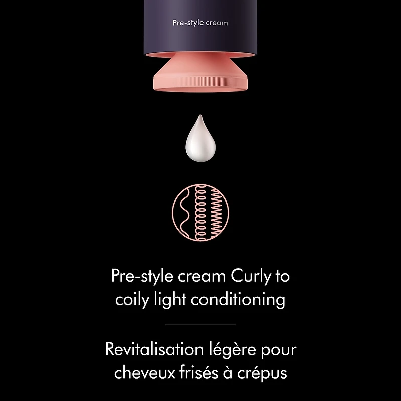 Crème de précoiffage Dyson Chitosan pour revitalisation riche des cheveux bouclés à crépus (100ml