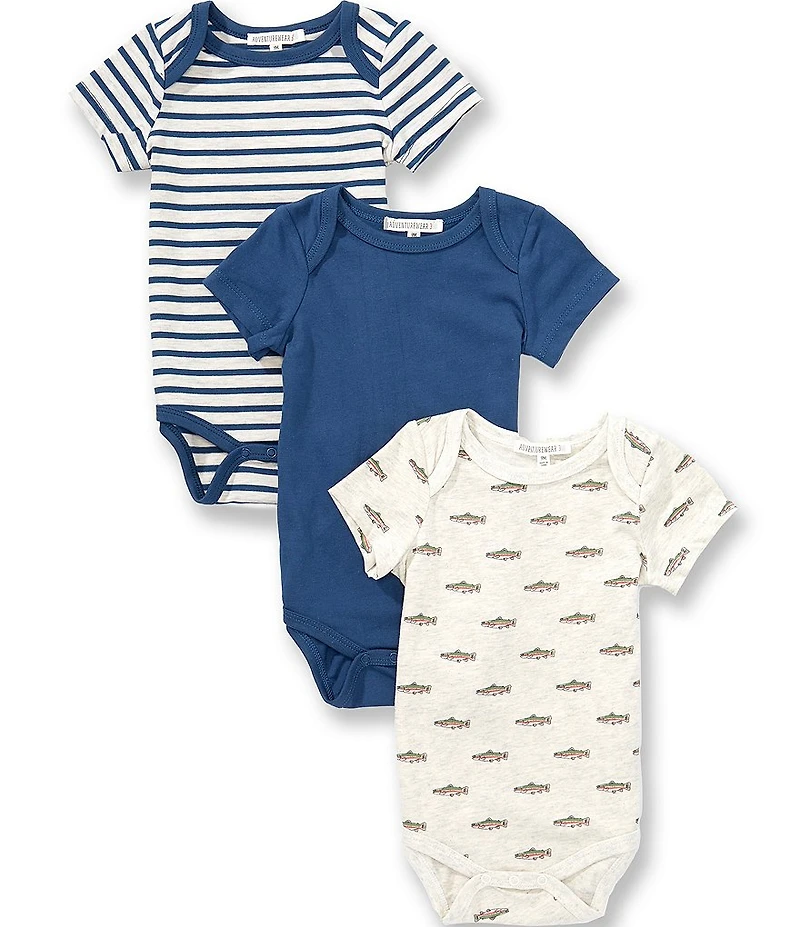 Adventurewear 360 Baby Boys Knit Fish Short Sleeve 3-Pack Bodysuit Set