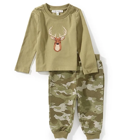 Adventurewear 360 Baby Boys Long Sleeve Deer Applique Top & Camo Pant Set