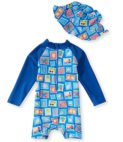 Adventurewear 360 Baby Boys Long Sleeve Stamp Print Rashguard One Piece Swimsuit & Hat Set