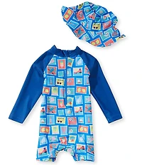 Adventurewear 360 Baby Boys Long Sleeve Stamp Print Rashguard One Piece Swimsuit & Hat Set