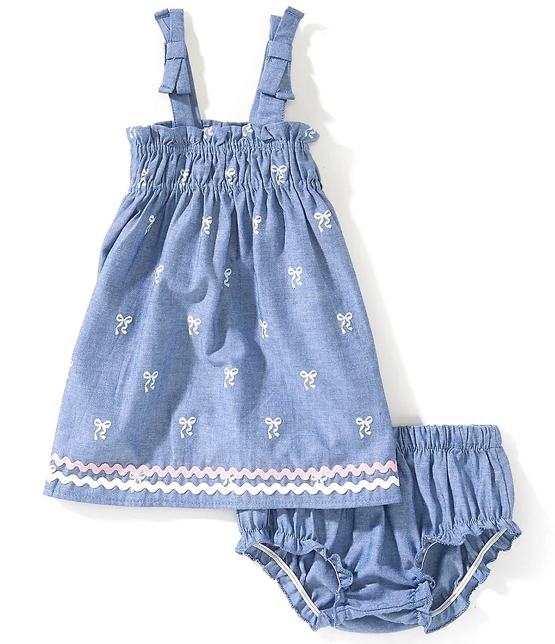 Adventurewear 360 Baby Girls Sleeveless Bow Print Denim Ric-Rack Trim Dress