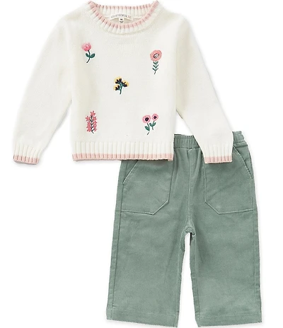 Adventurewear 360 Baby Girls Floral Applique Sweater and Corduroy Pants Set