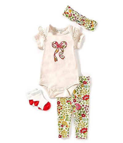 Adventurewear 360 Baby Girls Short Sleeve Floral Bow Applique Ruffle Top & Pants Set