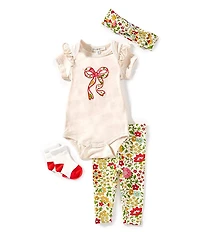 Adventurewear 360 Baby Girls Short Sleeve Floral Bow Applique Ruffle Top & Pants Set